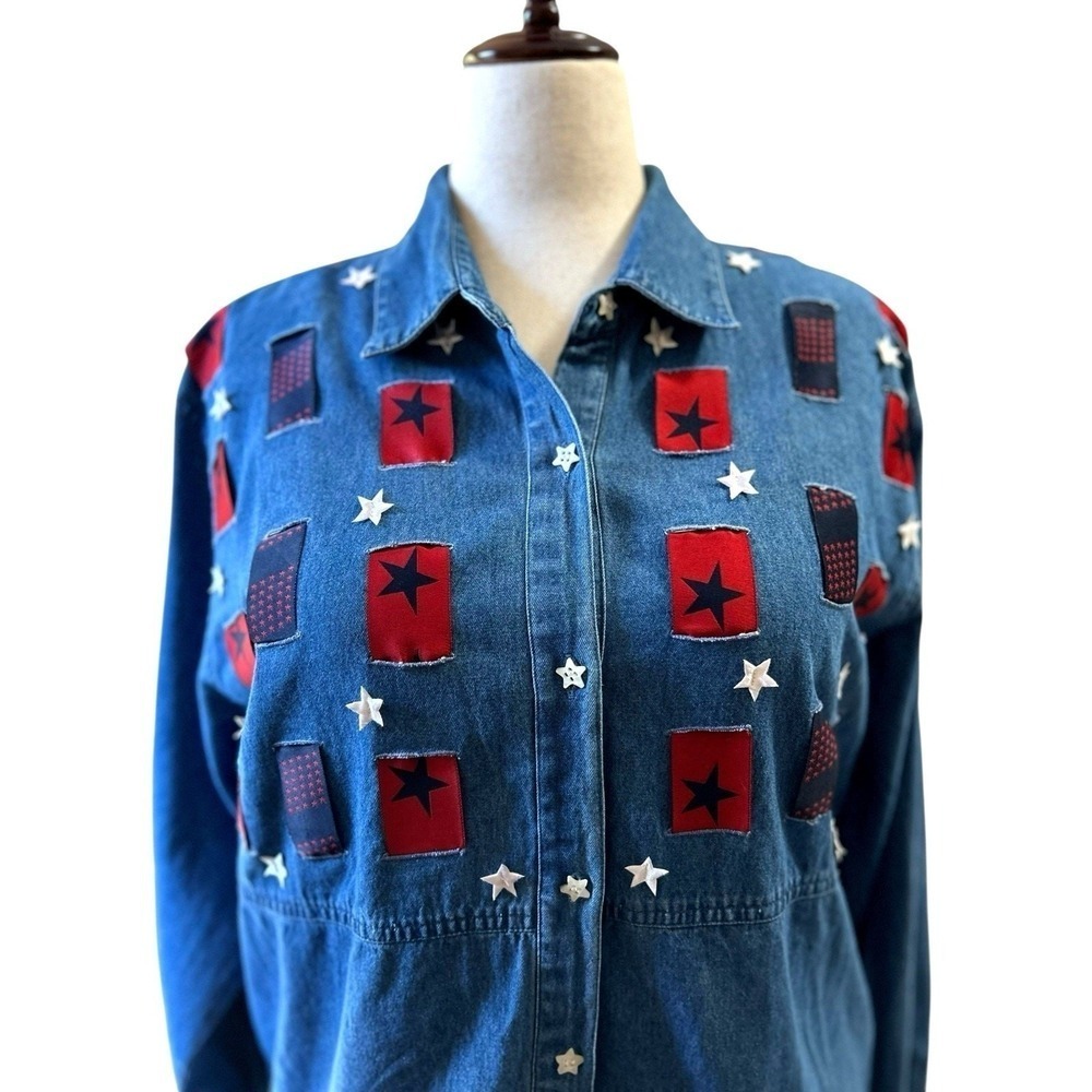 Vtg Denim Stars Stripes Shirt Top Size XL Button Up Primitive Patriotic Country - Picture 5 of 7